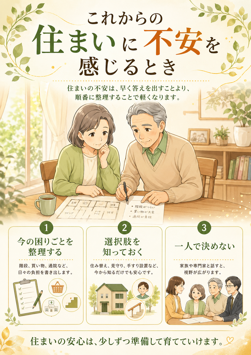 これからの住まいに不安を感じるシニア夫婦の図解イラスト