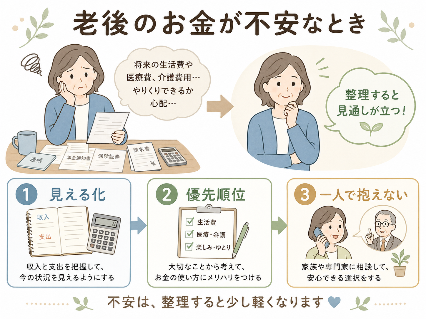 縁側や窓辺でお茶を飲みながら自分を見つめ直すシニア女性のイメージ